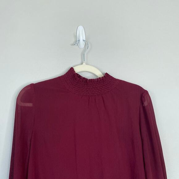 J. CREW Crinkle Chiffon Smocked Top Wine Red Long Sleeve Blouse Autumn Size XS - Picture 4 of 7